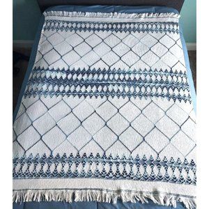 Vintage Woven Embroidered Throw Blanket  Blue & White Geometric